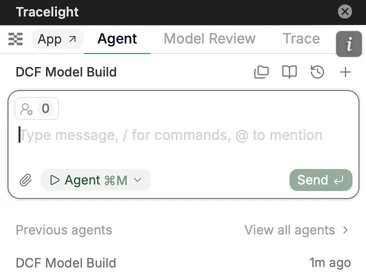 The Tracelight chat box with the Agent mode selected and previous agent runs listed below