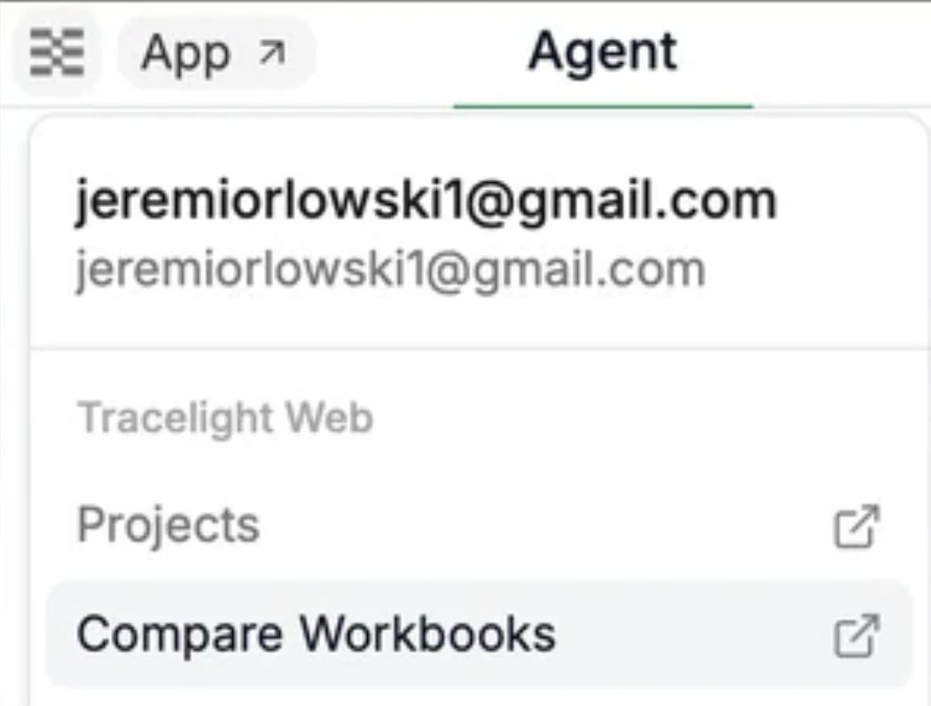 The Tracelight menu with a link to Compare Workbooks in the Platform