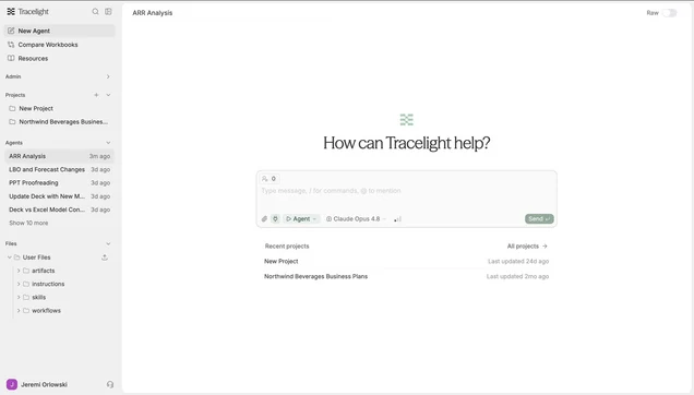 The Tracelight Platform home screen with projects, recent agents, and files