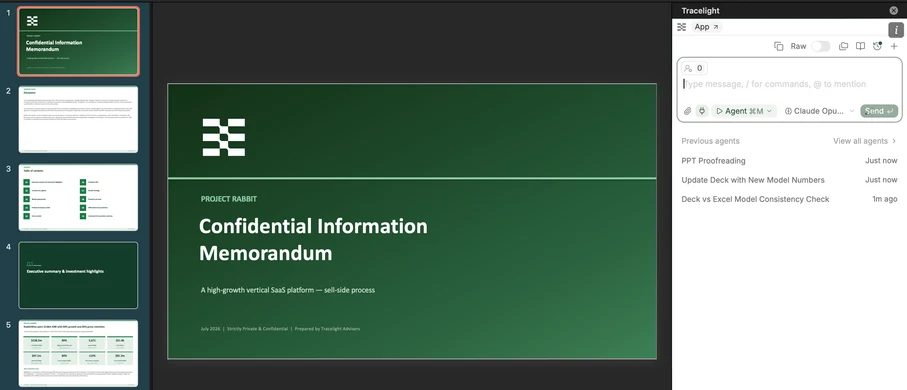 A Confidential Information Memorandum deck open in the Platform with the Tracelight panel