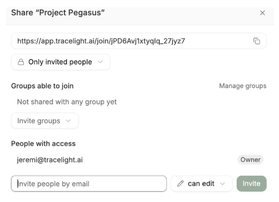 The Share project dialog with an invite link and people with access