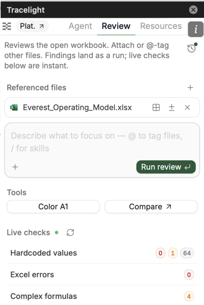 The Review tab in the add-in with the Run review button, tools, and live checks