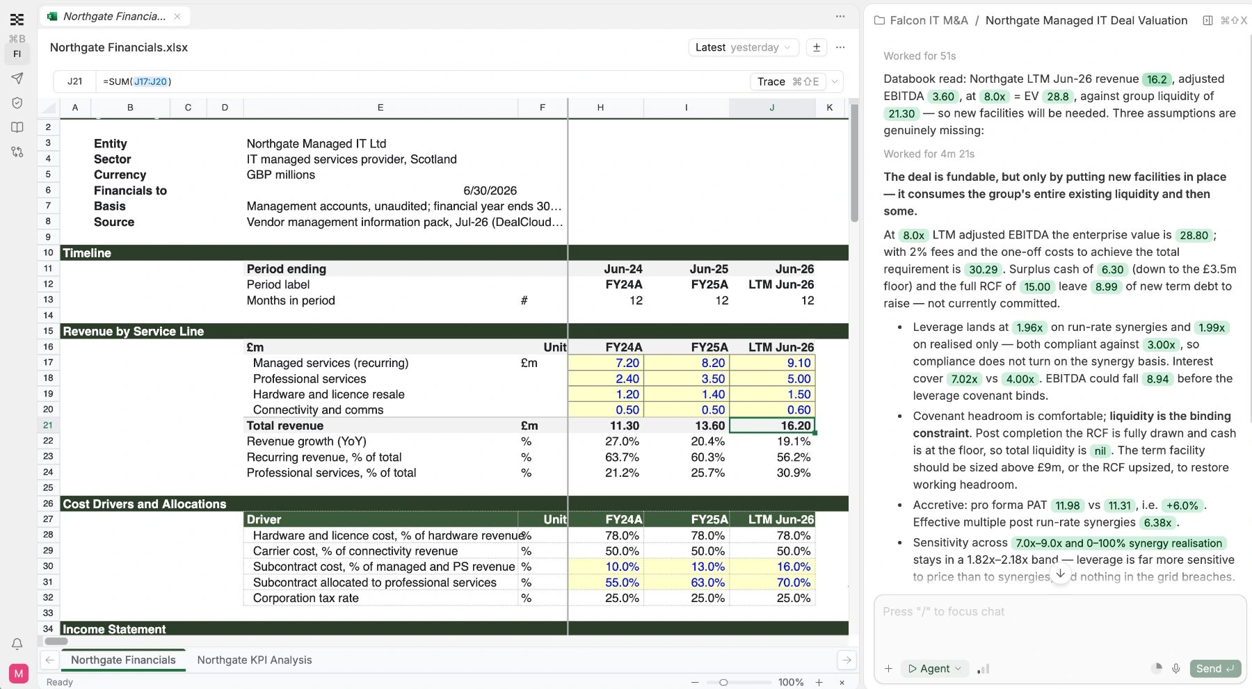 Agent reply with green reference pills alongside the spreadsheet, the referenced cell selected