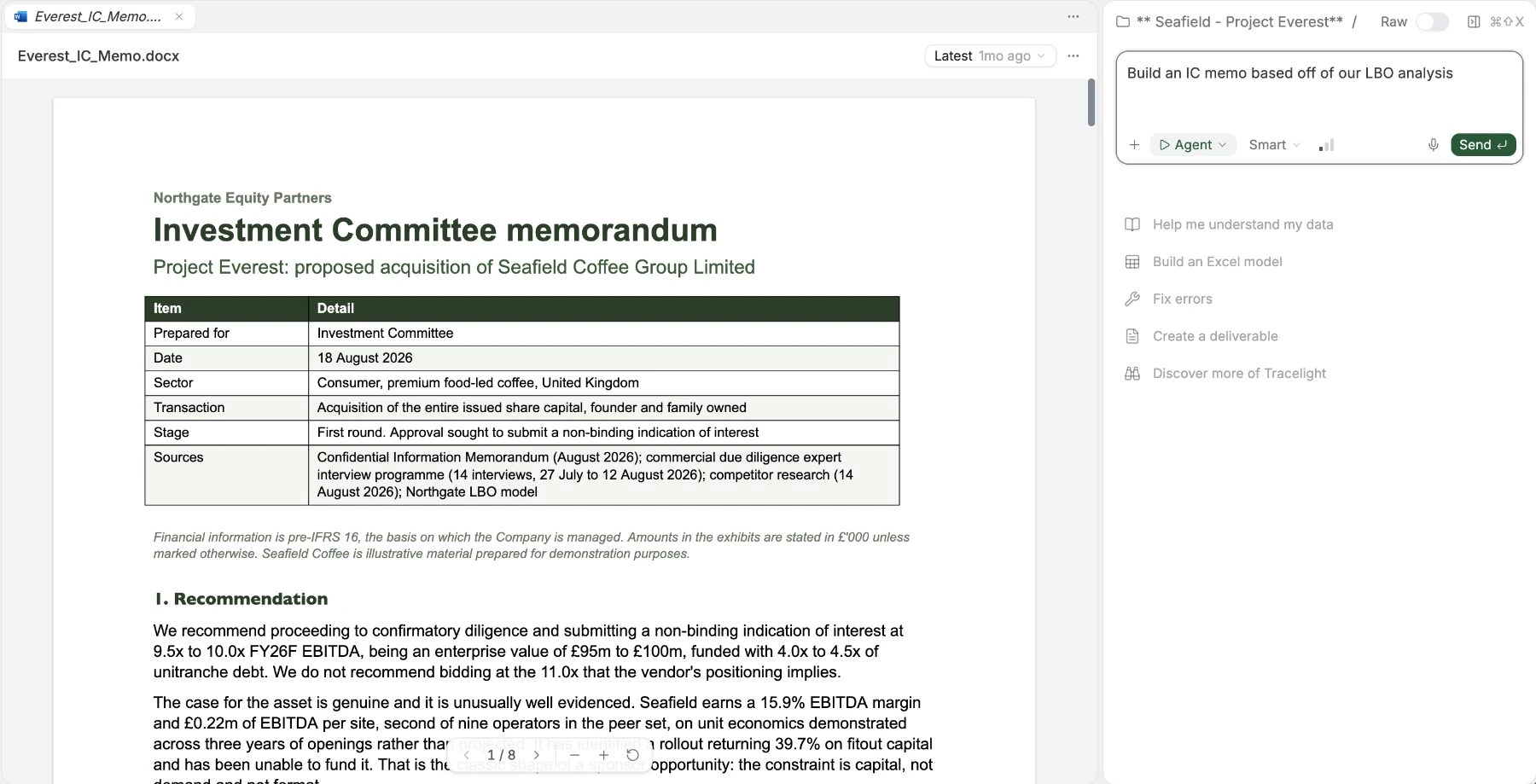 An IC memo in Word built from the LBO analysis