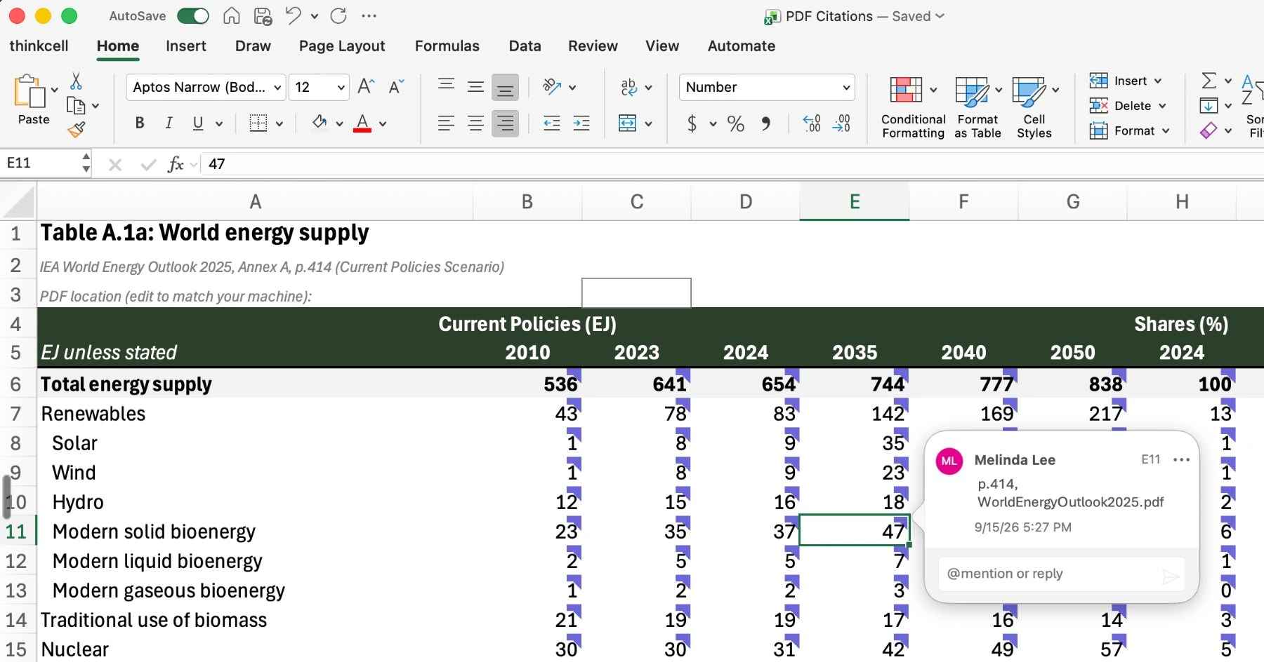 Cited cells in the spreadsheet showing document, page, and timestamp on hover