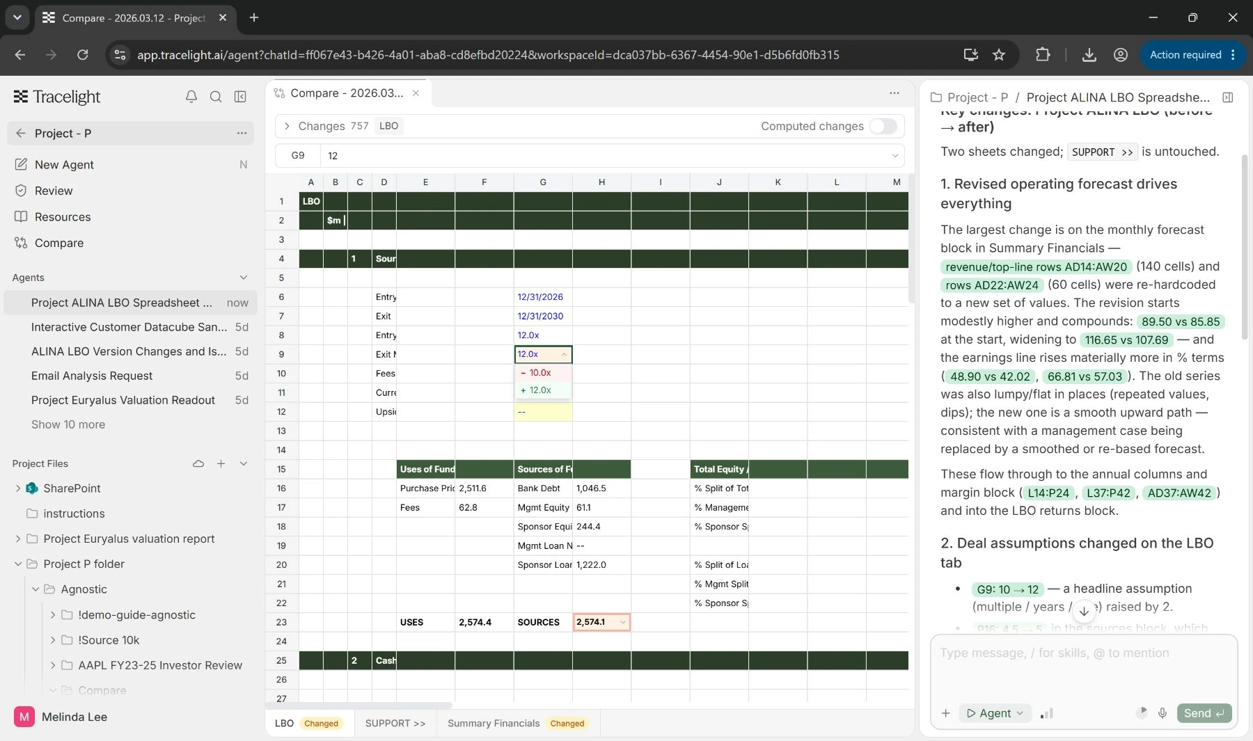 Compare results: changed cells highlighted beside an agent summary of the changes