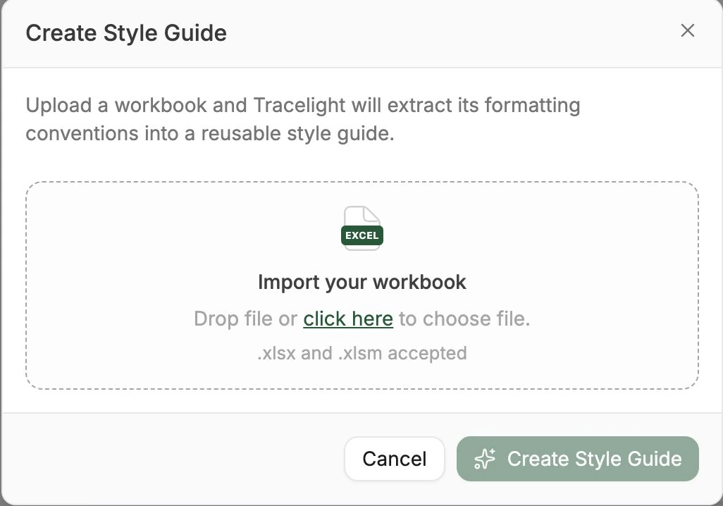 Create Style Guide dialog with a drop zone to import a workbook