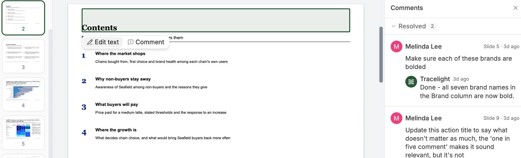 Deck open in the Platform: Edit text and Comment controls on a selected slide element, with a comments panel showing Tracelight's reply on a resolved comment