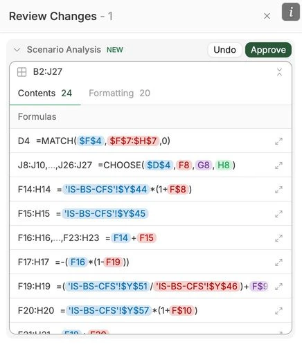 Review Changes panel listing formula edits