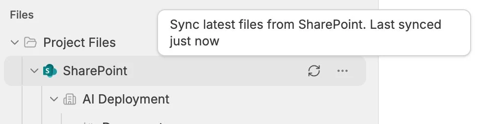 SharePoint folder in Project Files with the sync button and last-synced tooltip