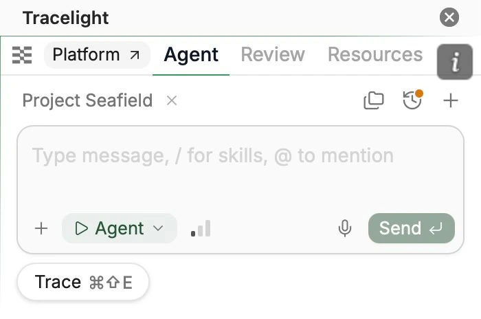 Trace button below the agent chat box in the Excel add-in