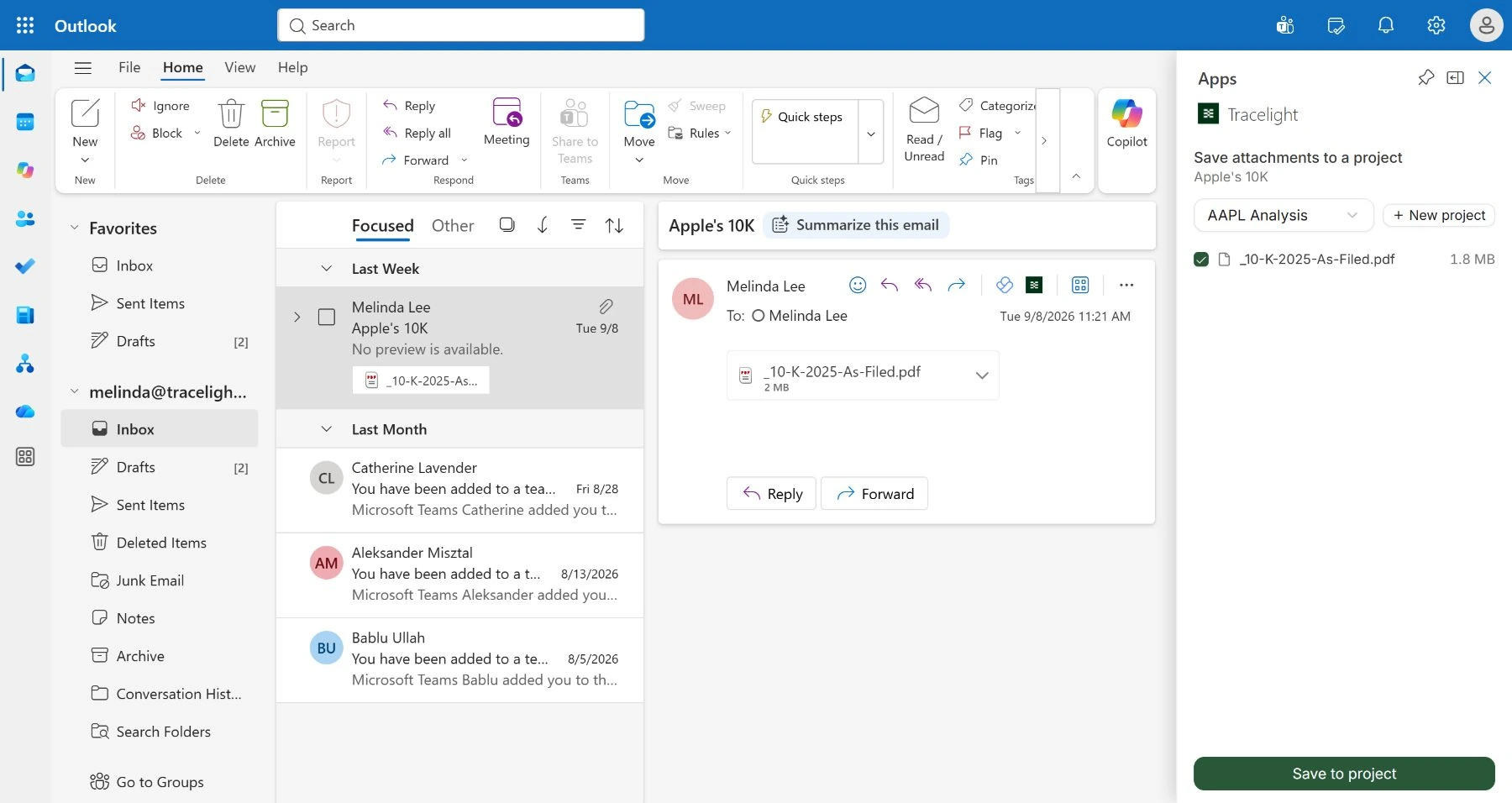 Tracelight add-in in Outlook saving an email attachment to a project