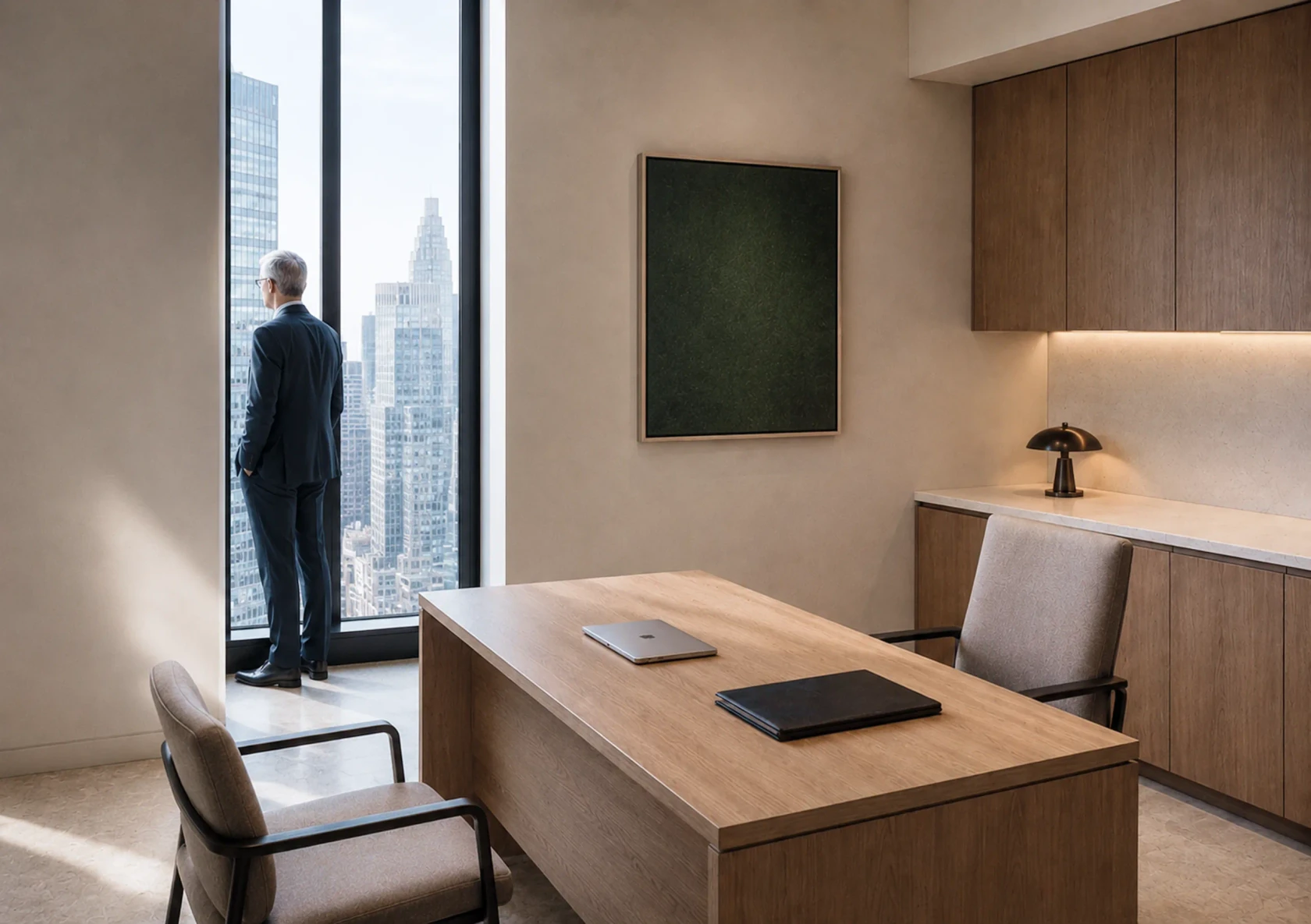 Executive looking out over the city from a corner office